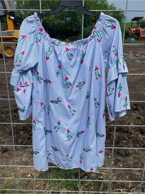 Peach Love Striped Off-Shoulder Dress with Pink & Green Cactus Print